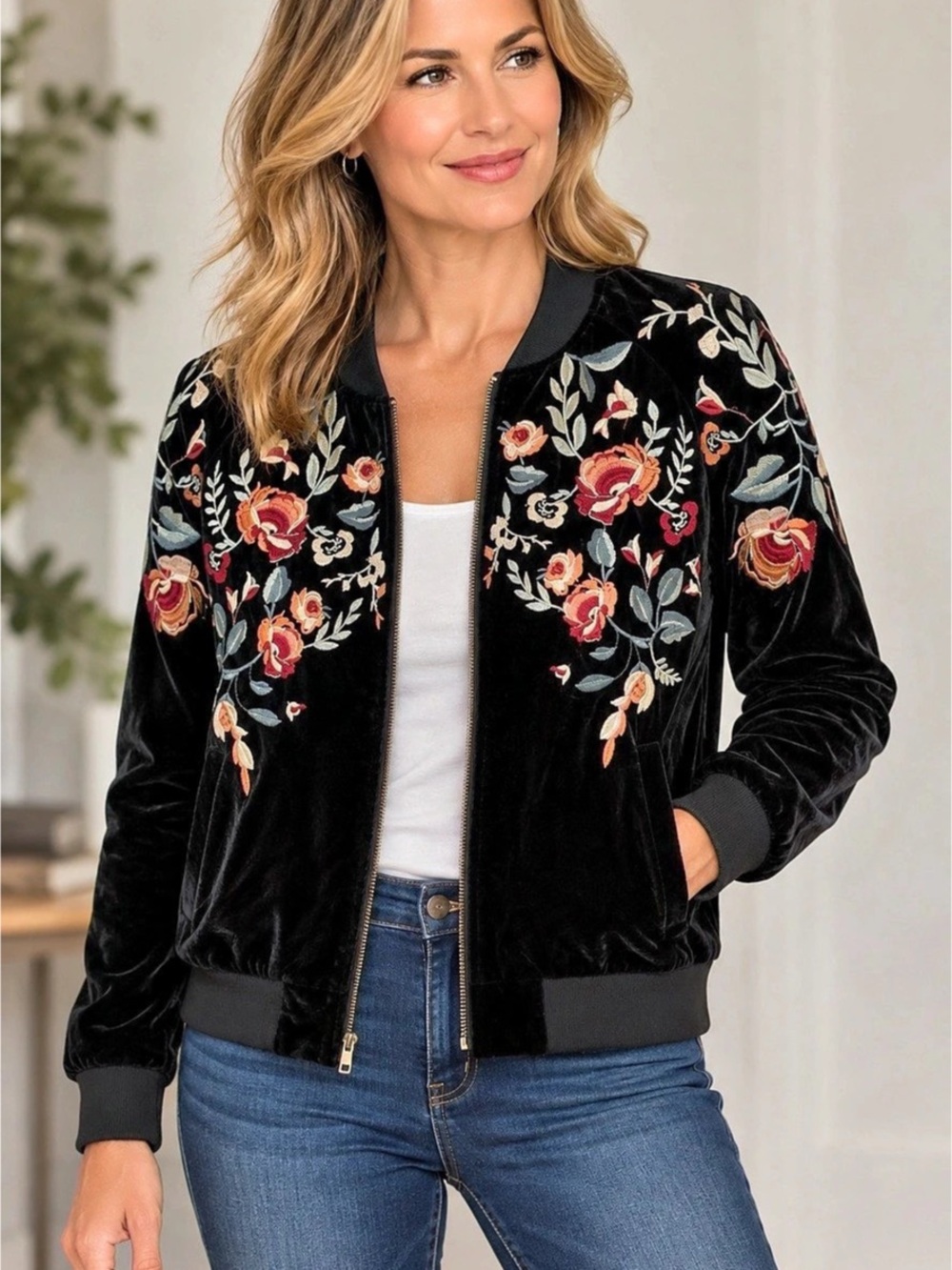 lucyparis Floral Velvet Bomber Jacket in Black Size Medium